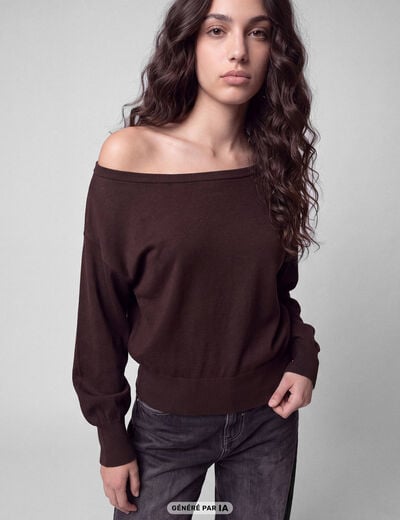 Pull oversize col bardot manches longues marron fonc&eacute;