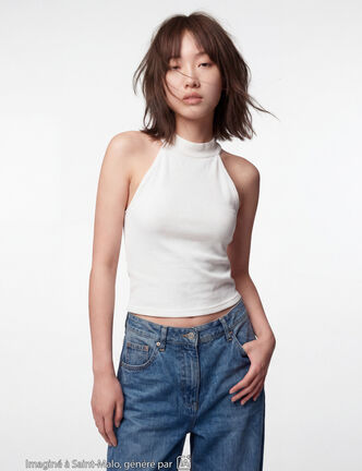 Crop top ajust&eacute; sans manches brillant ecru