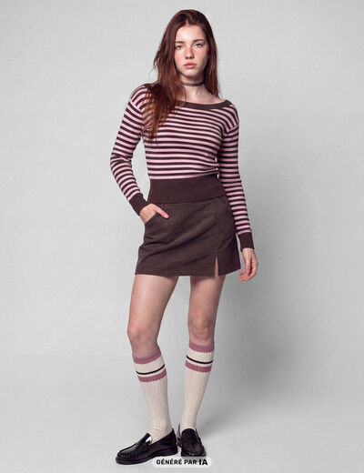 Pull col bateau manches longues marron fonc&eacute;