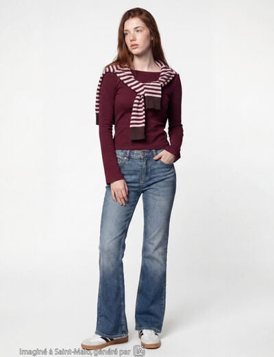 T-shirt cintr&eacute; col rond manches longues bordeaux