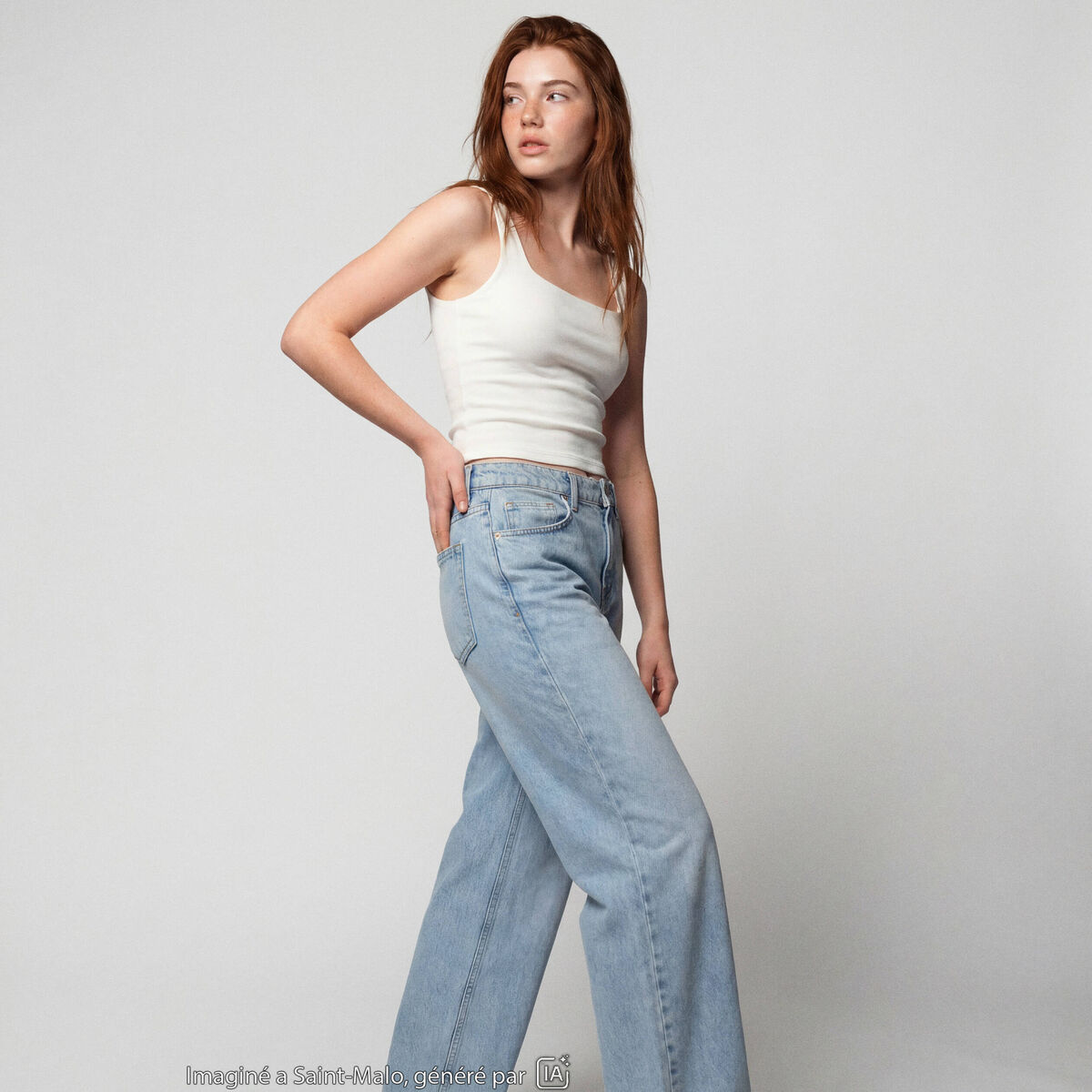 Jean wide leg taille standard denim bleach ado