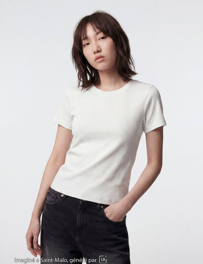 T-shirt ajust&eacute; col rond manches courtes blanc ado