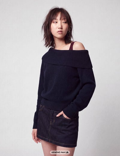 Pull col bardot manches longues bleu marine