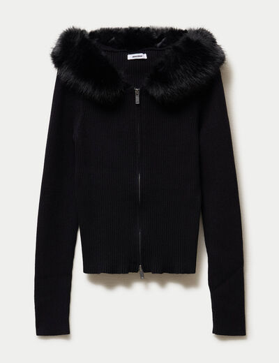 Gilet cintr&eacute; fausse fourrure &agrave; capuche noir