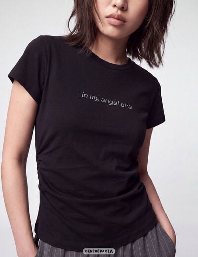 T-shirt cintr&eacute; manches courtes strass noir