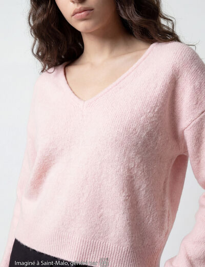 Pull col v manches longues rose clair