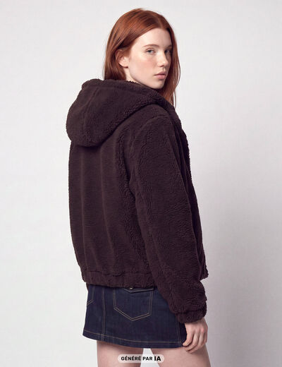 Blouson court droit effet polaire marron fonc&eacute;