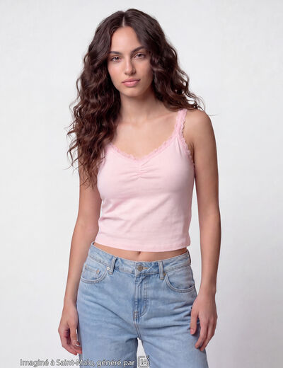 D&eacute;bardeur ajust&eacute; d&eacute;collet&eacute; dentelle rose clair