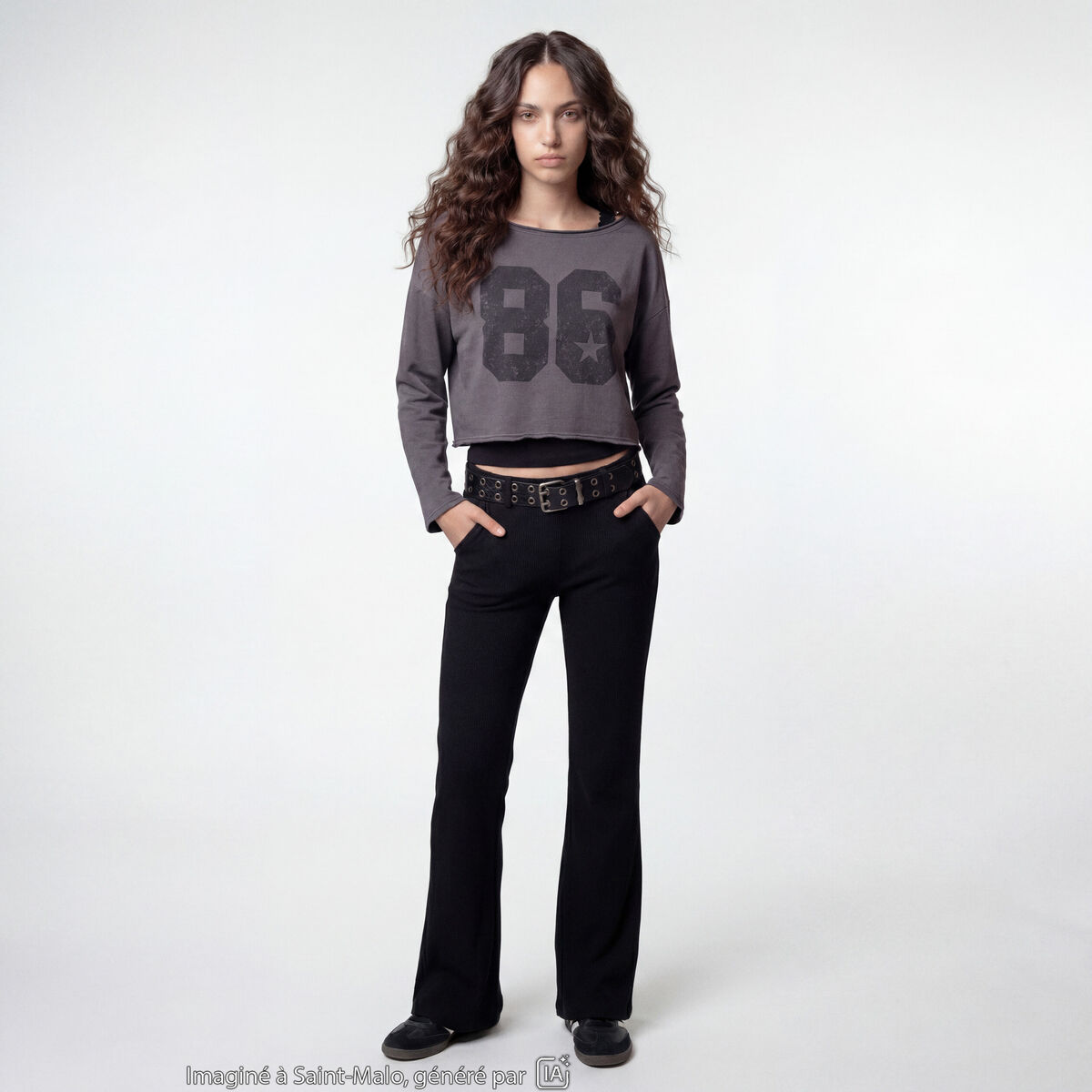 Sweat oversize cropped col bateau gris