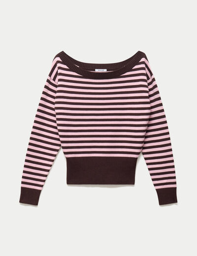 Pull col bateau manches longues marron fonc&eacute;