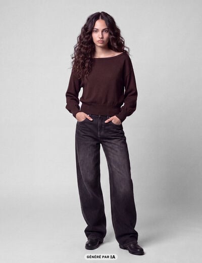 Pull oversize col bardot manches longues marron fonc&eacute;