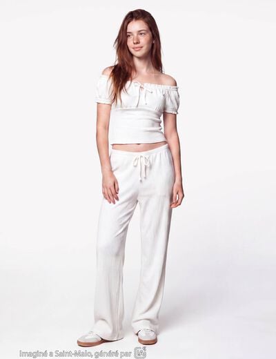 Pantalon large taille standard ecru ado