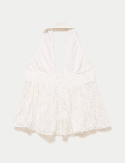 Top cintr&eacute; court sans manches dentelle ecru ado