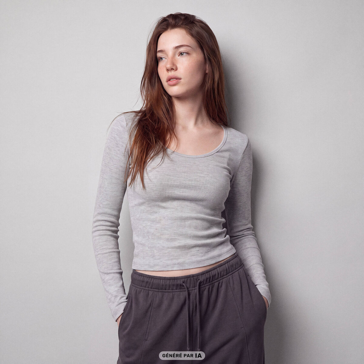 T-shirt ajust&eacute; col rond manches longues gris clair