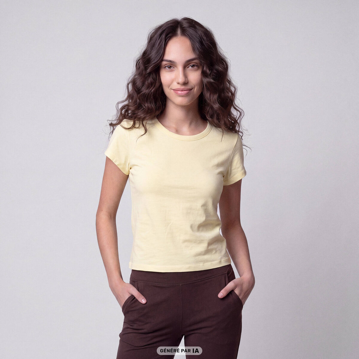 T-shirt ajust&eacute; col rond manches courtes jaune clair