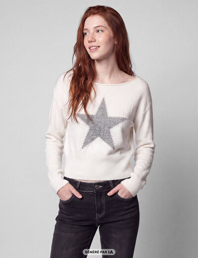 Pull col bateau manches longues strass ecru