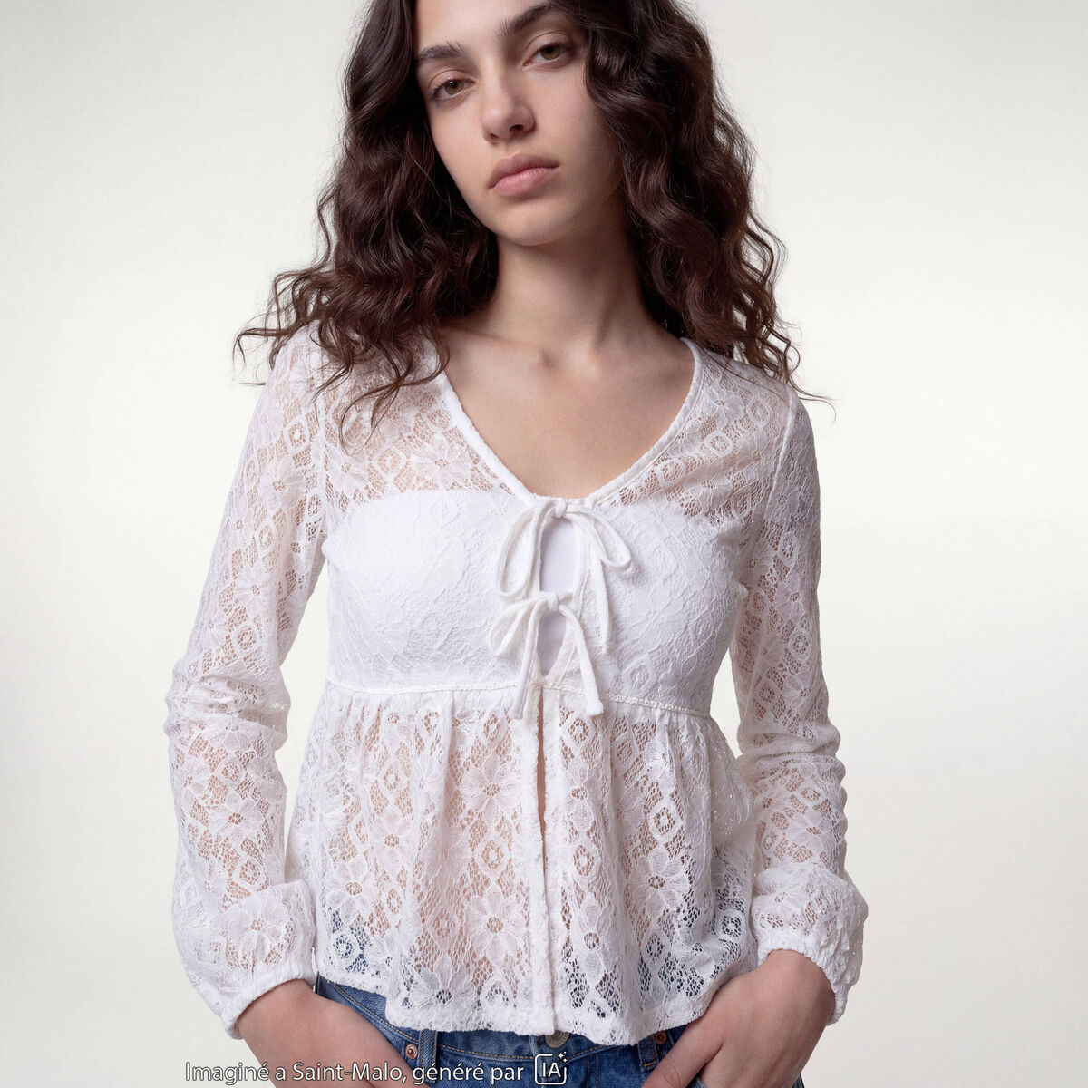 Chemise cintr&eacute;e dentelle col rond ecru ado