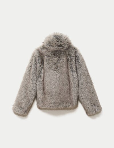 Manteau droit court fausse fourrure bleu gris