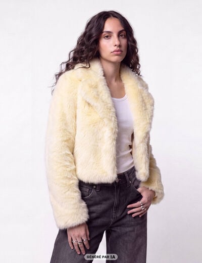 Manteau droit cropped fausse fourrure jaune clair