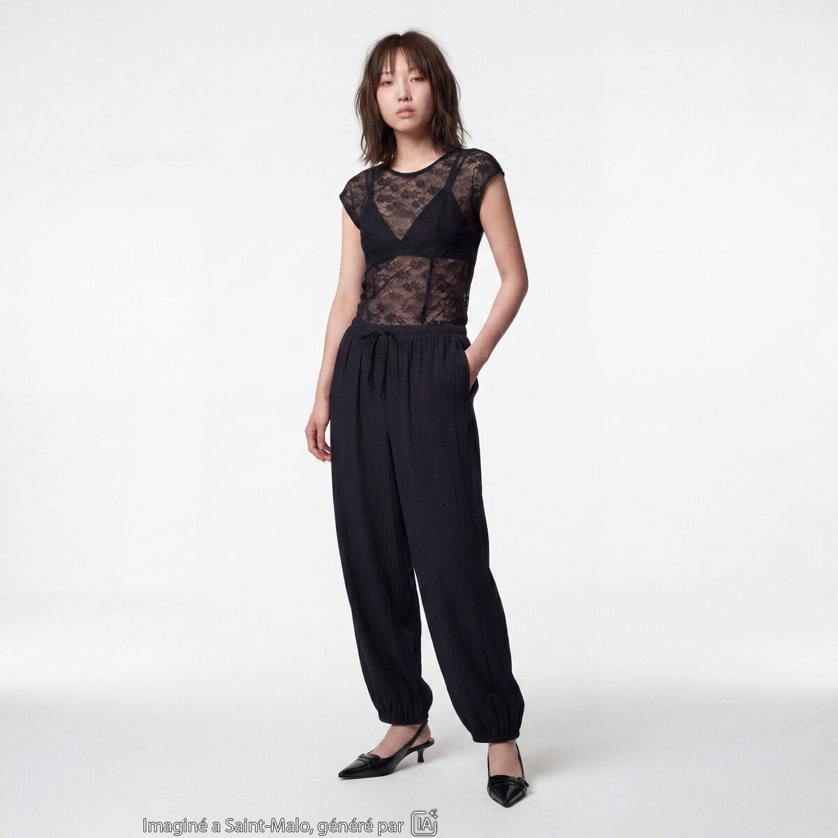 Pantalon large en cr&ecirc;pe taille standard noir ado
