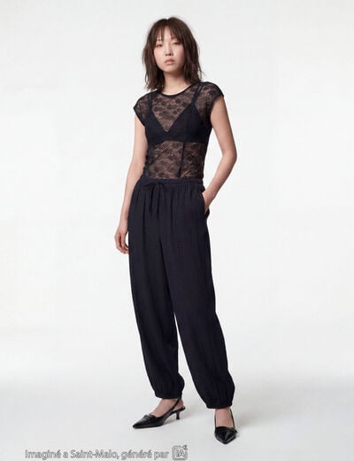 Pantalon large en cr&ecirc;pe taille standard noir ado