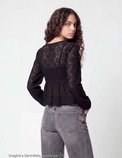 Chemise cintr&eacute;e dentelle col rond noir ado