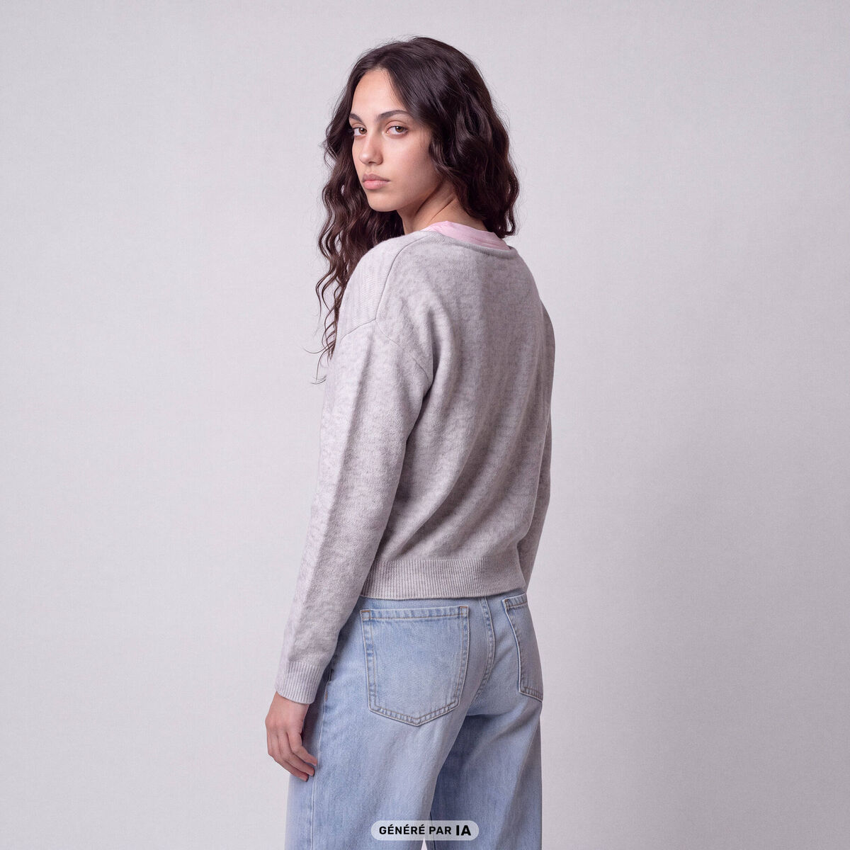 Pull col v manches longues gris clair