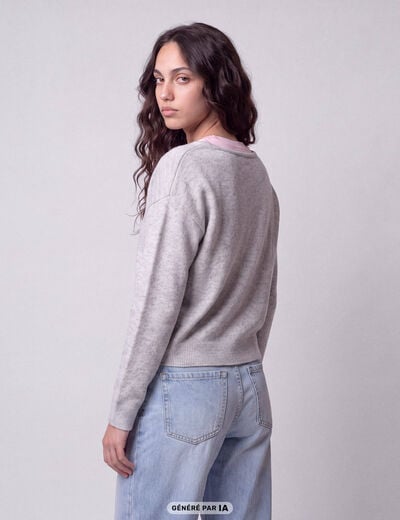 Pull col v manches longues gris clair