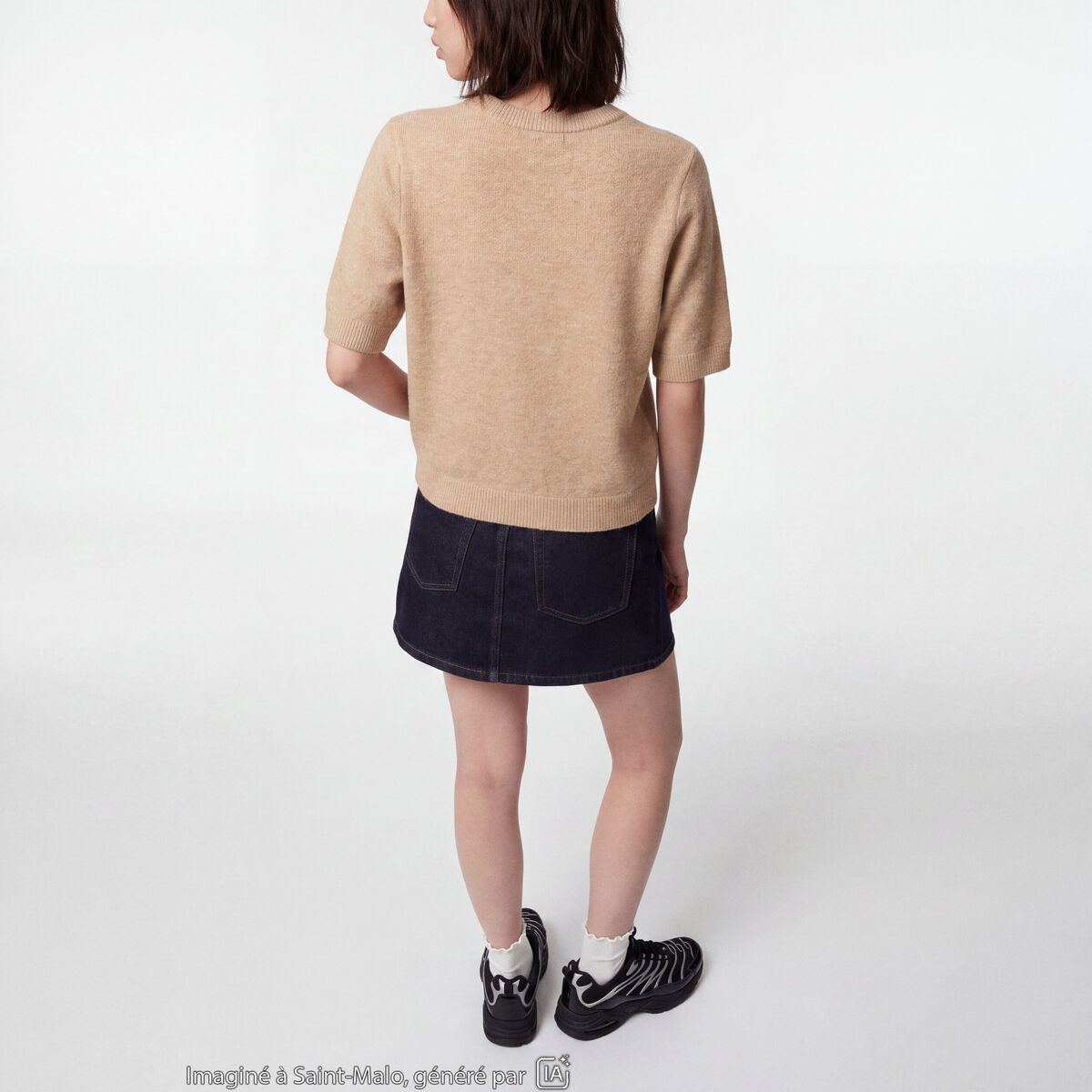 Pull col rond manches courtes beige