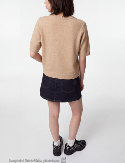 Pull col rond manches courtes beige