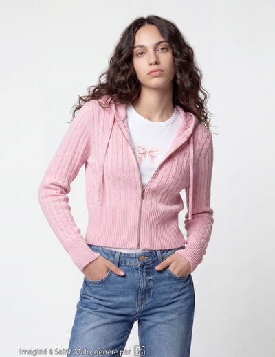Gilet &agrave; capuche manches longues rose