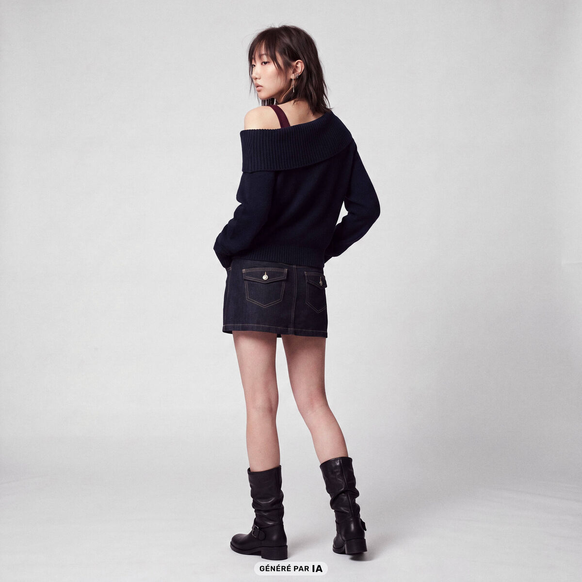 Pull col bardot manches longues bleu marine