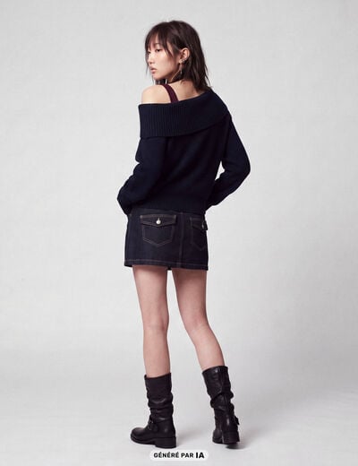 Pull col bardot manches longues bleu marine