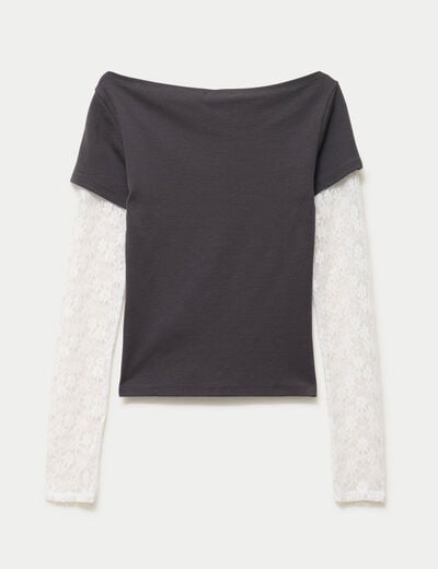 Haut double col bateau manches longues gris
