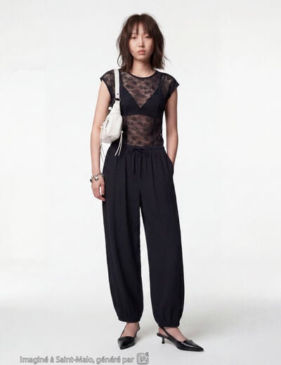 Pantalon large en cr&ecirc;pe taille standard noir