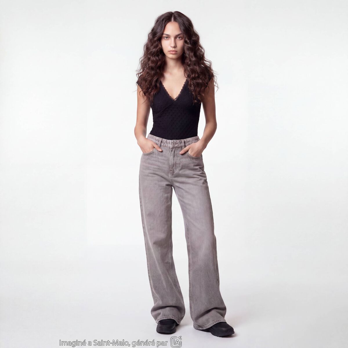 Jean wide leg taille standard denim gris ado
