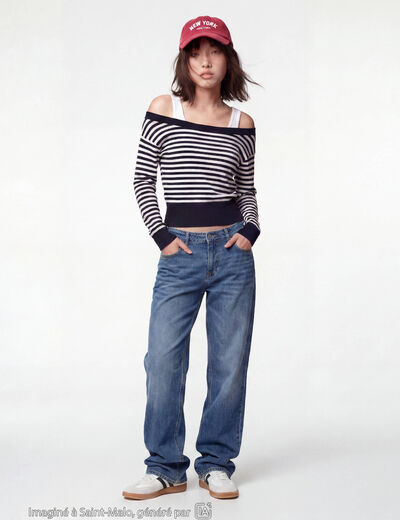 Pull col bateau manches longues bleu marine