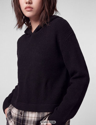 Pull bi-mati&egrave;re &agrave; capuche noir