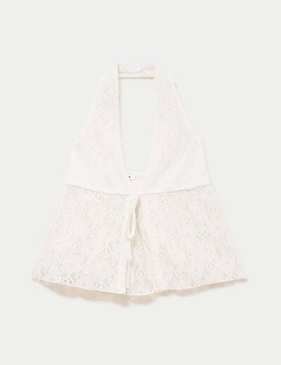 Top cintr&eacute; court sans manches dentelle ecru ado