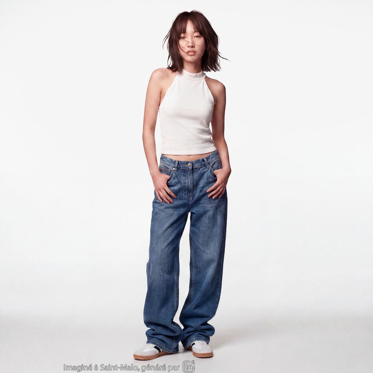 Crop top ajust&eacute; sans manches brillant ecru