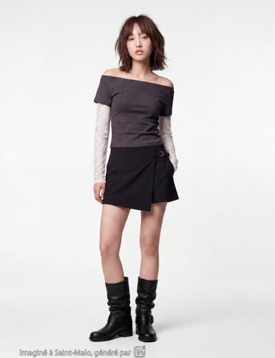 Haut double col bateau manches longues gris