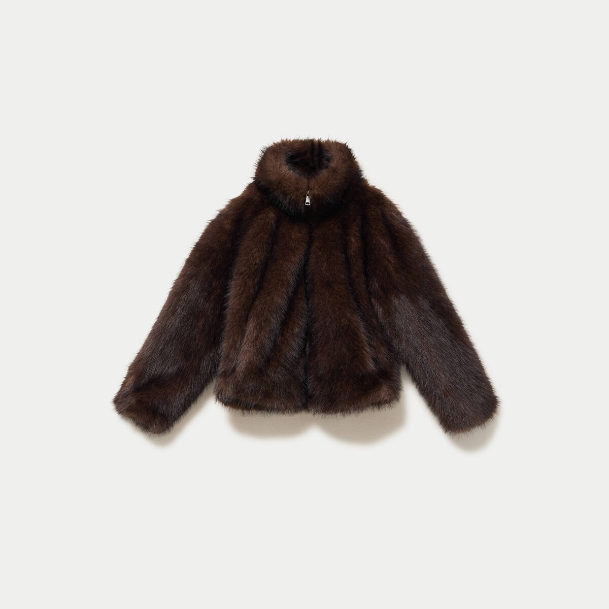 Manteau droit court fausse fourrure marron fonc&eacute;
