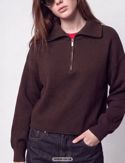 Pull col camionneur manches longues marron fonc&eacute;