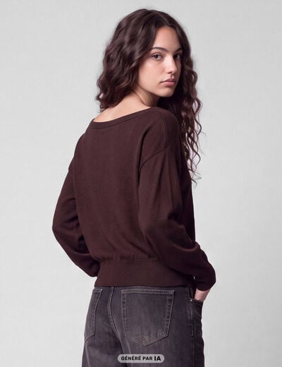 Pull oversize col bardot manches longues marron fonc&eacute;