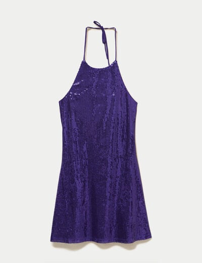 Robe sans manches &agrave; sequins col montant bleu electrique
