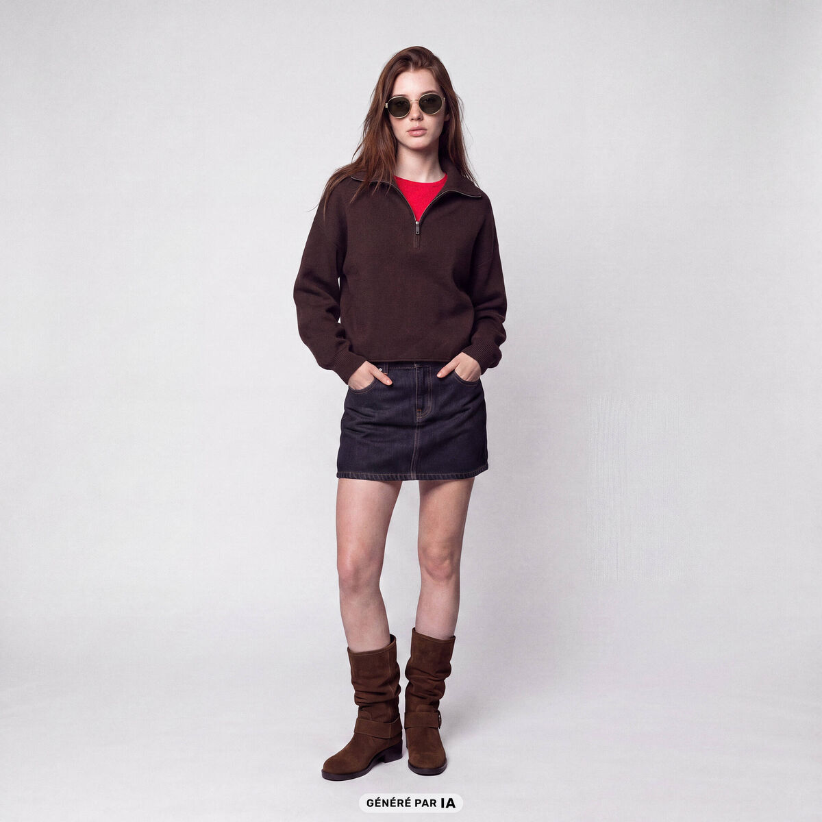 Pull col camionneur manches longues marron fonc&eacute;