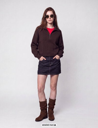 Pull col camionneur manches longues marron fonc&eacute;