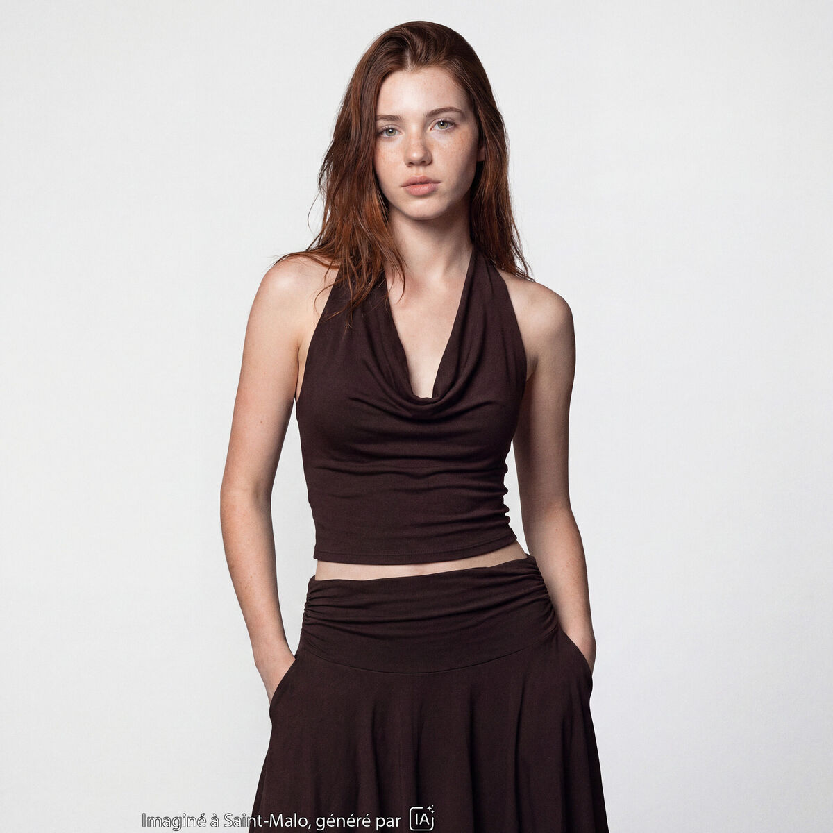 Top ajust&eacute; cropped d&eacute;collet&eacute; dos marron fonc&eacute;