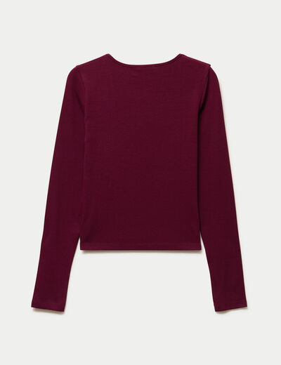 T-shirt ajust&eacute; col rond manches longues bordeaux