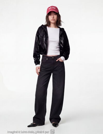 Blouson droit cropped &agrave; capuche velours noir